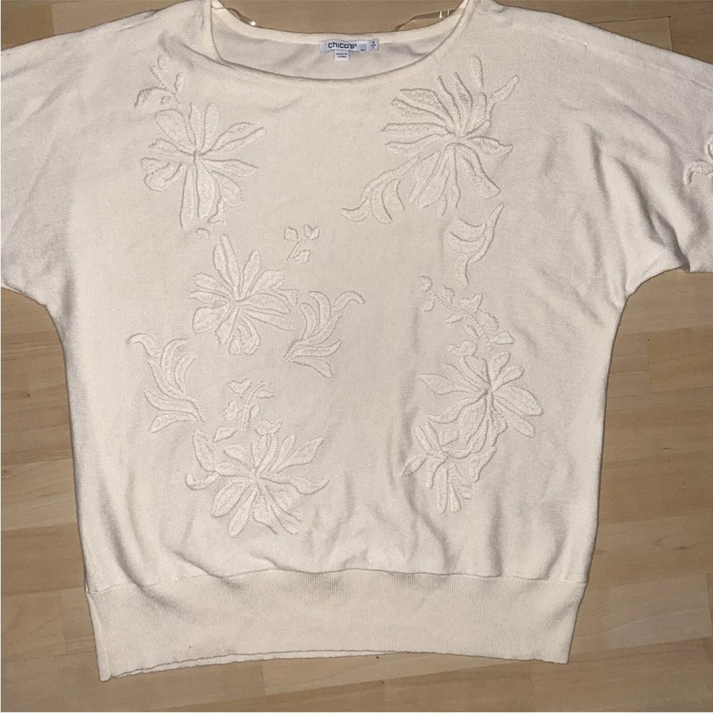 Chicos Embroidered Crewneck Sweater Size 2/Large Clean Girl GrannyCore Old Money - Picture 3 of 11